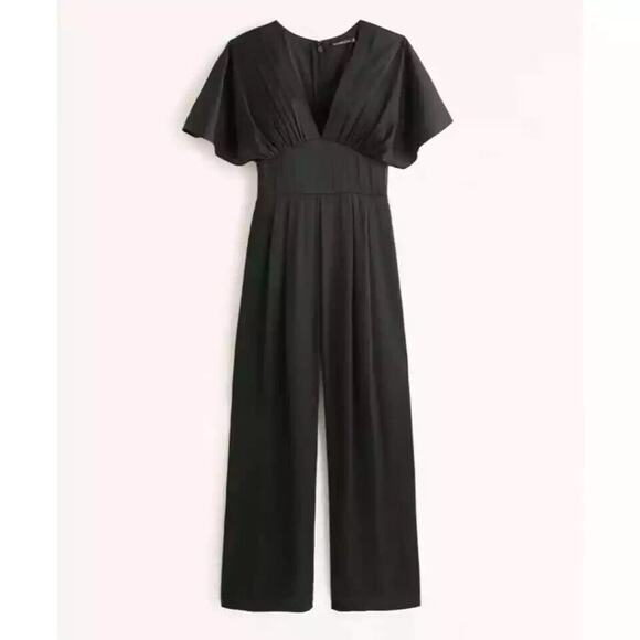 NWT Abercrombie & Fitch Angel Sleeve Satin Jumpsuit Black XSP X-Small Petite - Picture 13 of 14